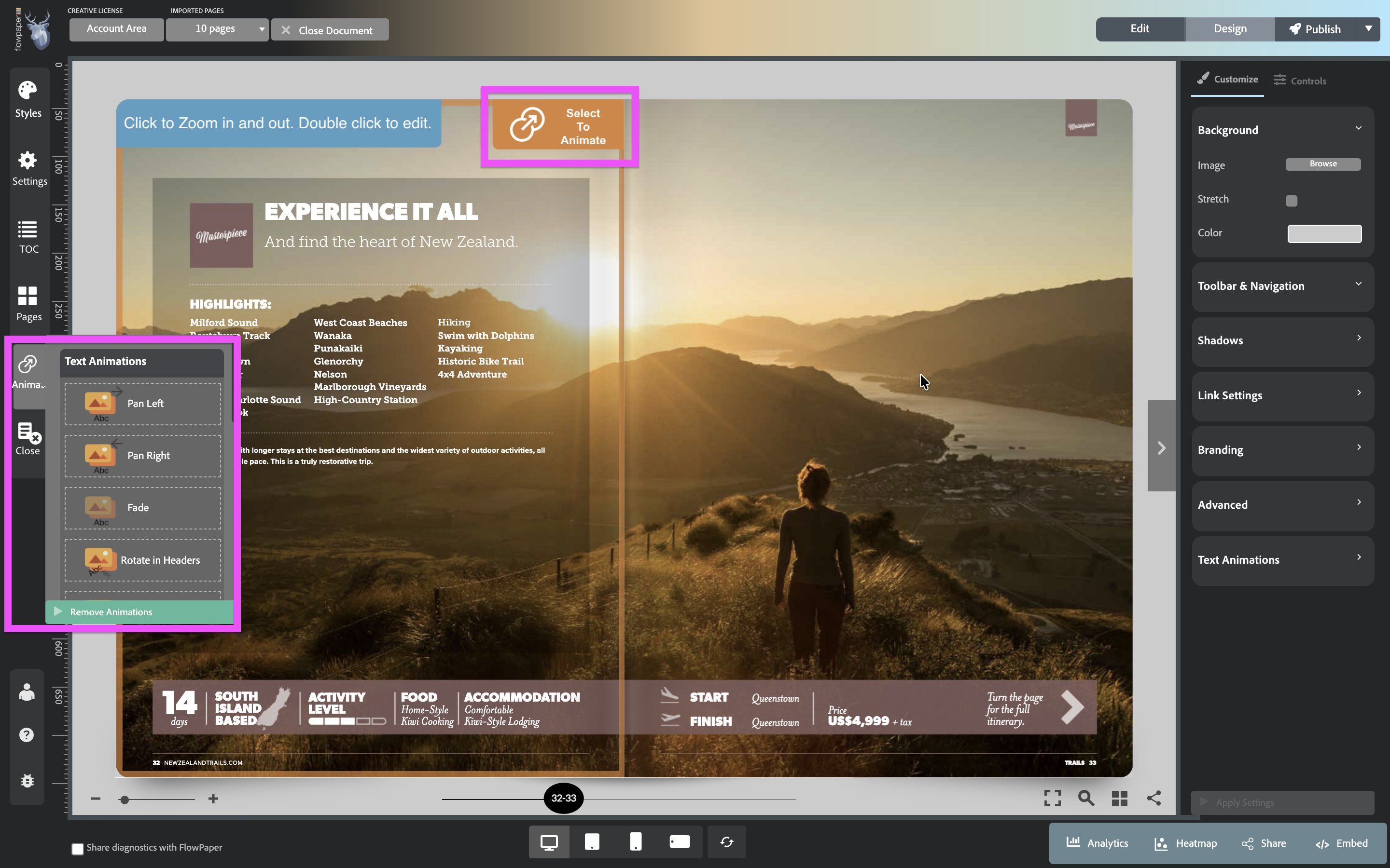 Animate an entire page in a PDF flipbook using FlowPaper Elements