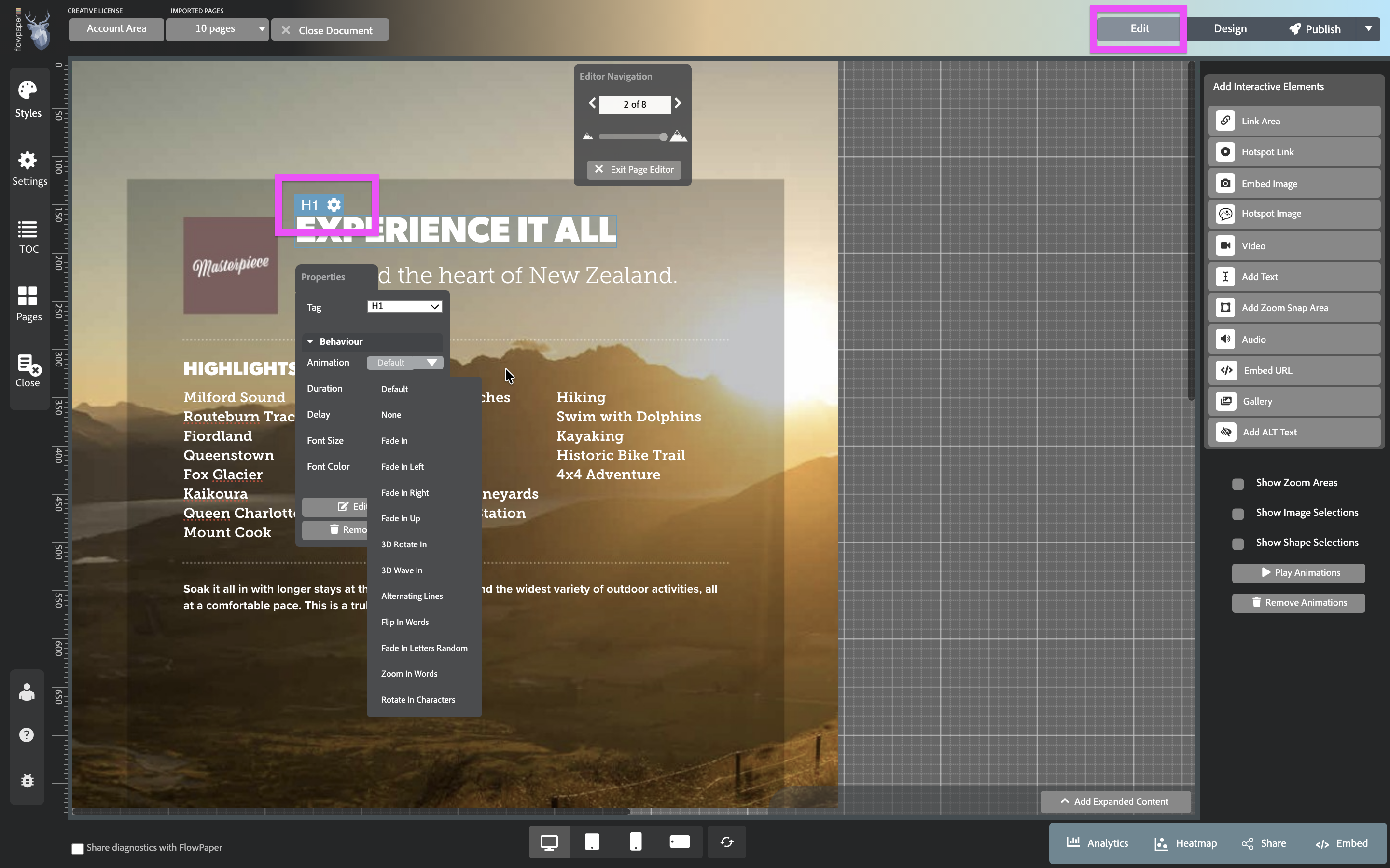 Animate individual text elements and headers in a PDF flipbook in FlowPaper