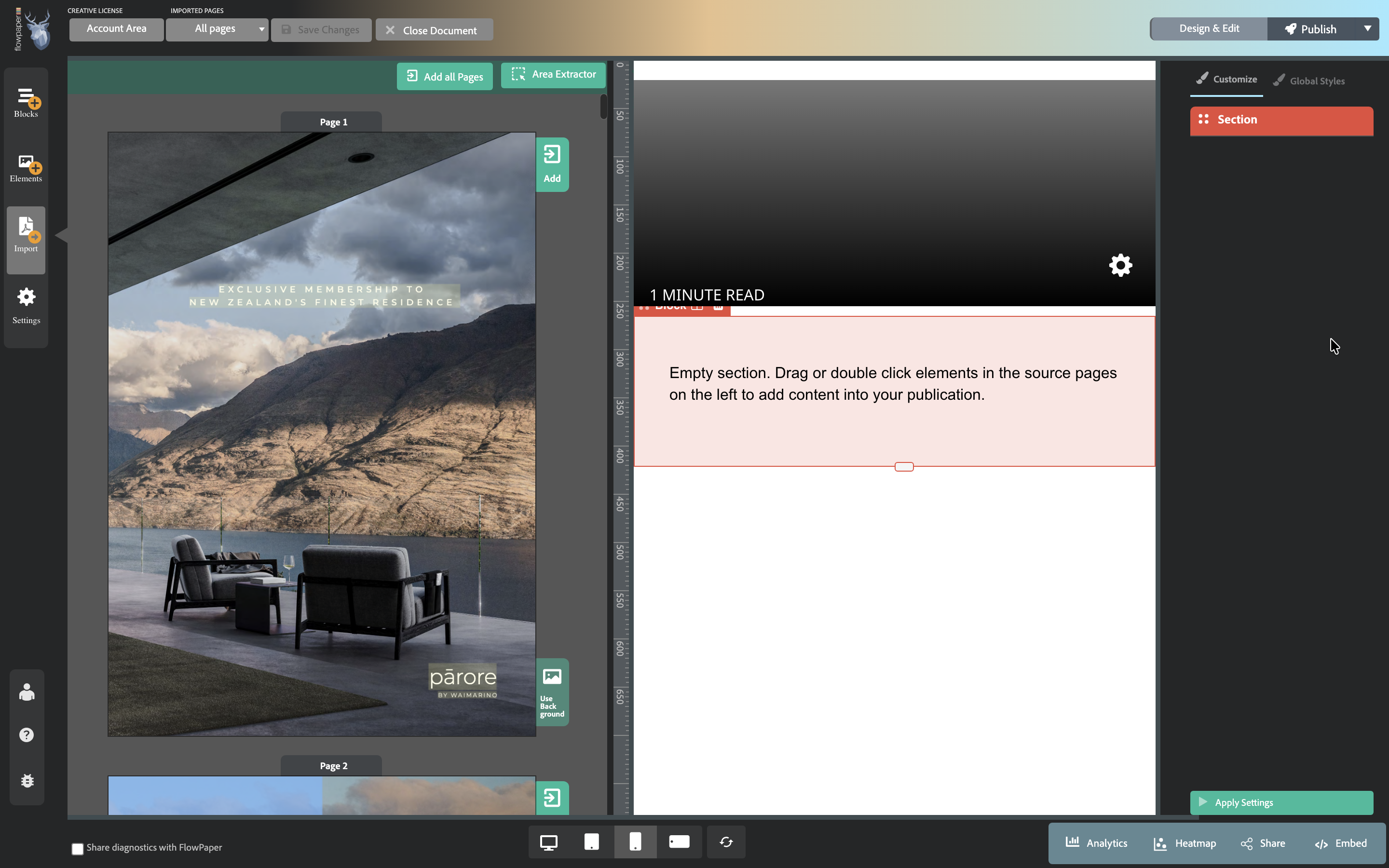 PDF source pages on left and story editing workspace on right in FlowPaper