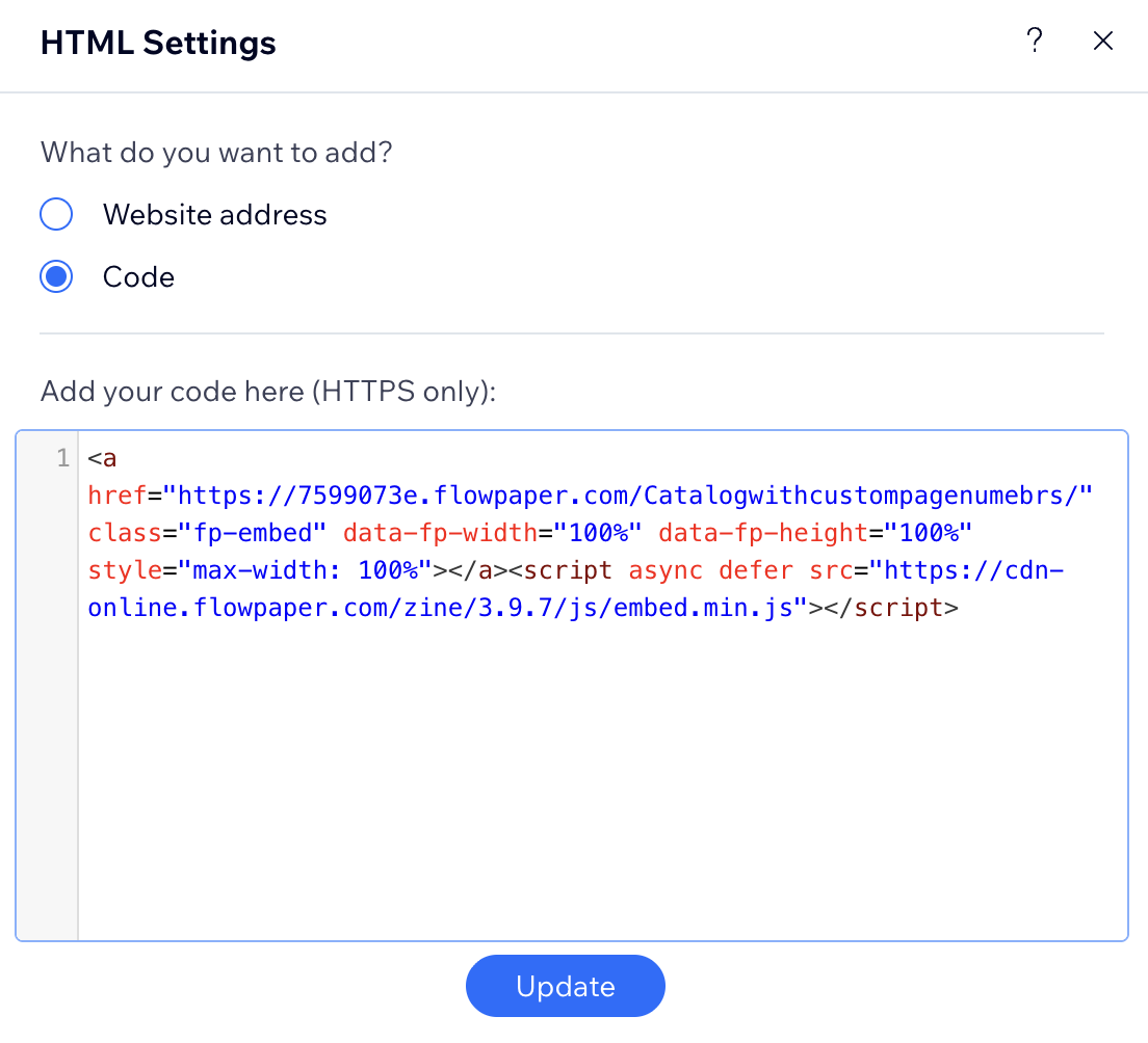 Paste code in Wix HTML settings