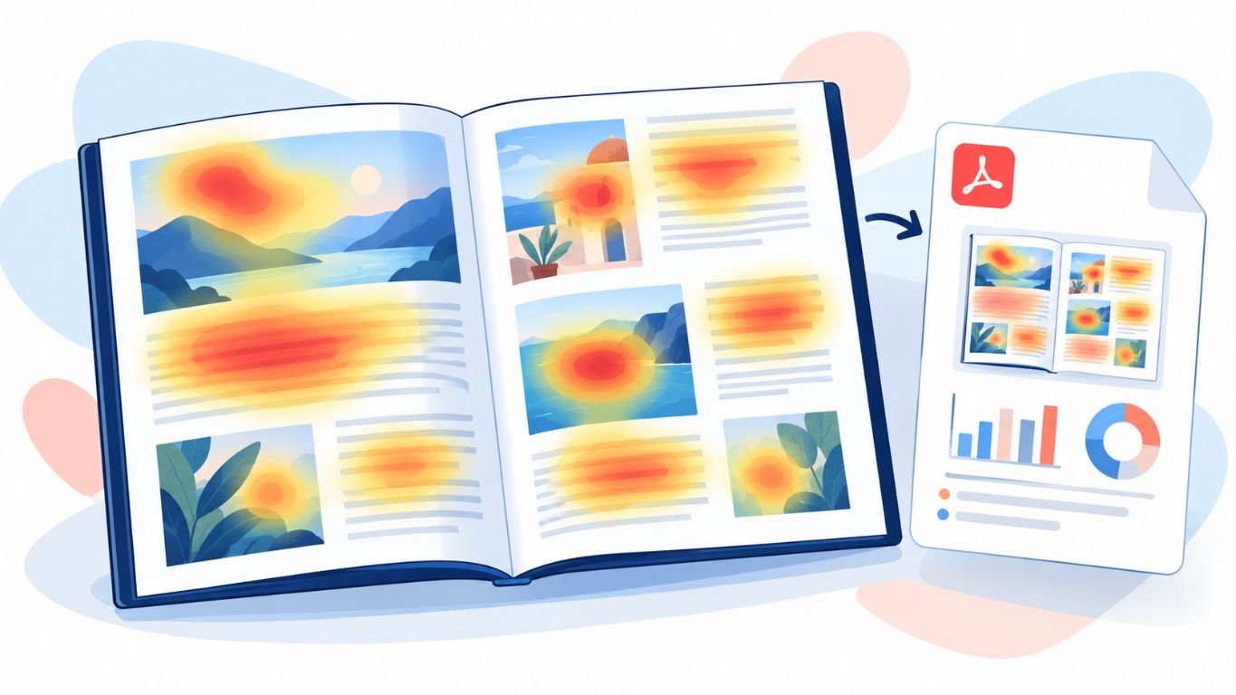 Illustration of a digital publication with heatmap overlays alongside a PDF analytics report